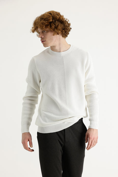 Off-white crew neck slim fit patterned cotton knit sweater.