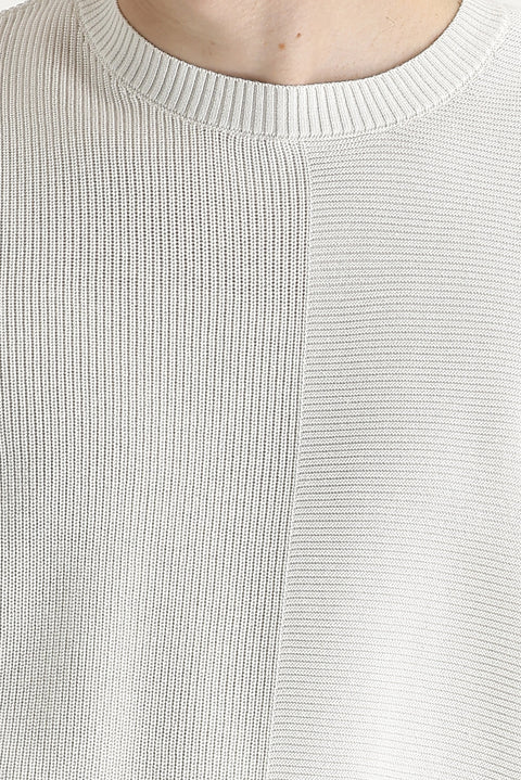 Off-white crew neck slim fit patterned cotton knit sweater.