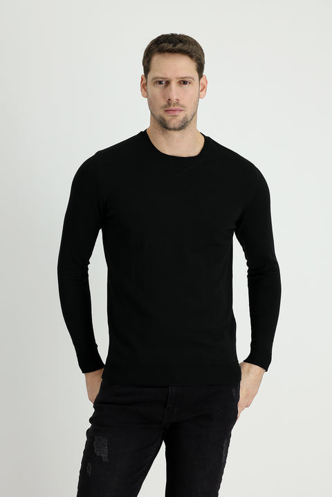 Black Crew Neck Slim Fit Narrow Cut Knit Sweater