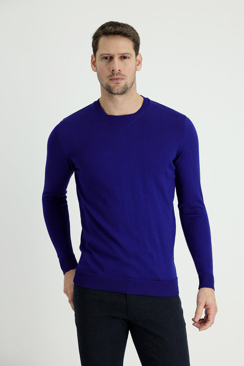 Saks Mavi Bisiklet Yaka Slim Fit Dar Kesim Desenli Pamuklu Triko Kazak