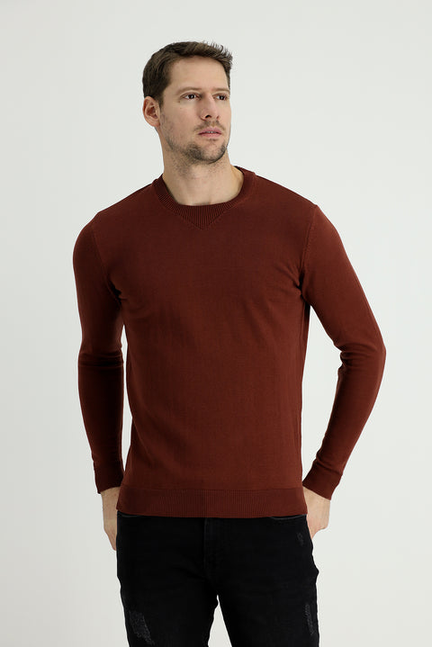 Kiremit Bisiklet Yaka Slim Fit Dar Kesim Desenli Pamuklu Triko Kazak