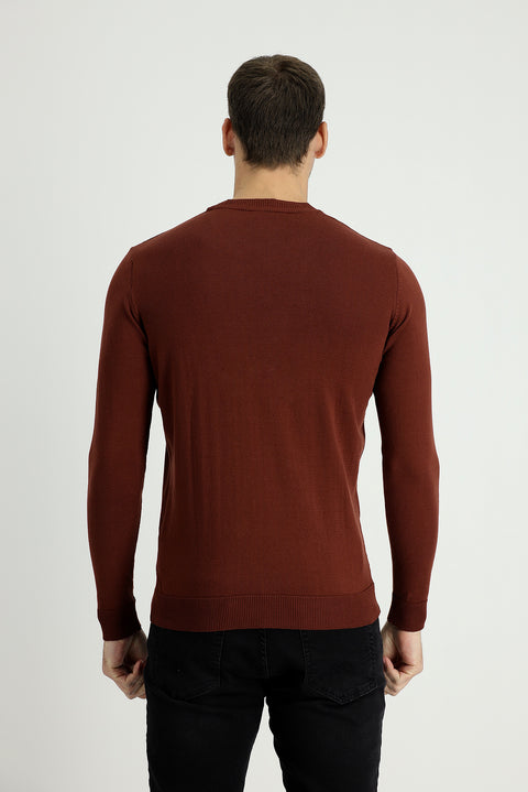 Kiremit Bisiklet Yaka Slim Fit Dar Kesim Desenli Pamuklu Triko Kazak
