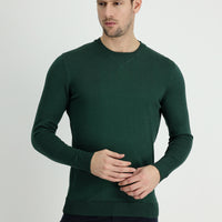 Forest Green Crew Neck Slim Fit Narrow Cut Patterned Cotton Knit Sweater