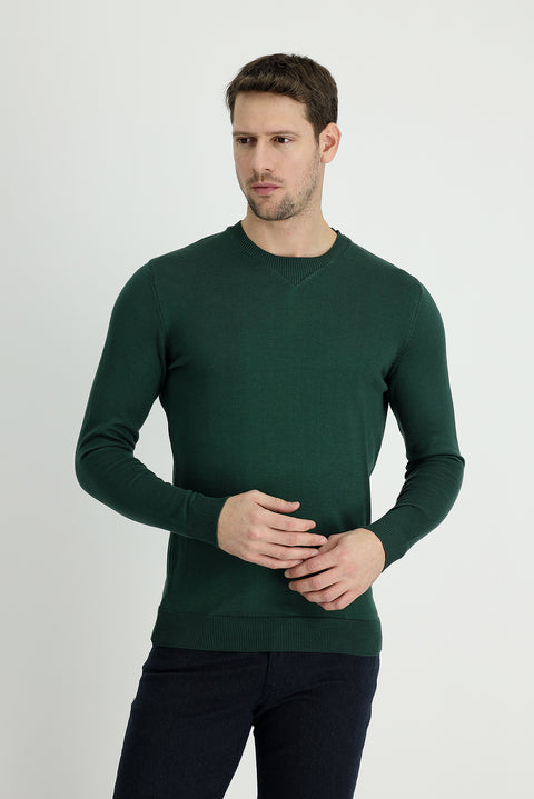 Forest Green Crew Neck Slim Fit Narrow Cut Patterned Cotton Knit Sweater