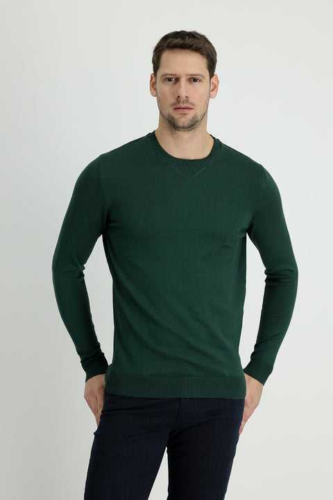 Forest Green Crew Neck Slim Fit Narrow Cut Patterned Cotton Knit Sweater