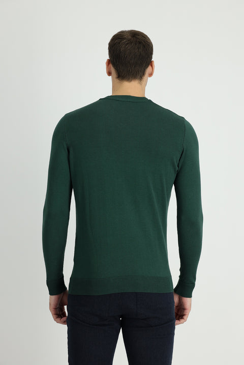 Forest Green Crew Neck Slim Fit Narrow Cut Patterned Cotton Knit Sweater