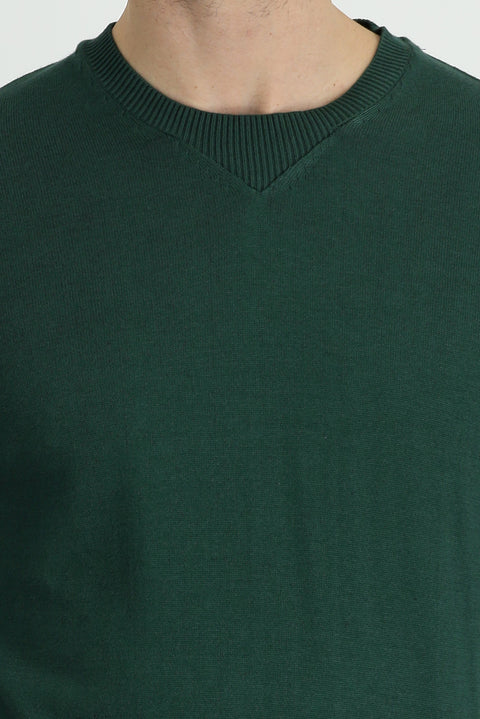 Forest Green Crew Neck Slim Fit Narrow Cut Patterned Cotton Knit Sweater