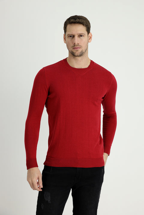 Koyu Kırmızı Bisiklet Yaka Slim Fit Dar Kesim Triko Kazak