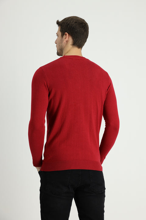 Koyu Kırmızı Bisiklet Yaka Slim Fit Dar Kesim Triko Kazak