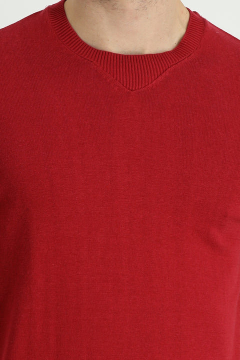 Koyu Kırmızı Bisiklet Yaka Slim Fit Dar Kesim Triko Kazak