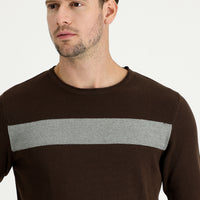 Dark Brown Crew Neck Slim Fit Narrow Cut Patterned Cotton Knit Sweater
