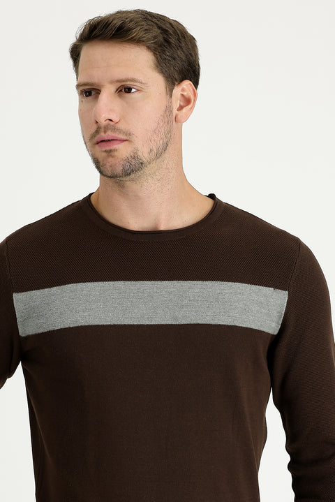 Dark Brown Crew Neck Slim Fit Narrow Cut Patterned Cotton Knit Sweater
