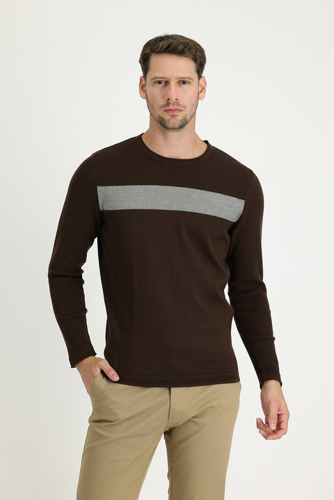 Dark Brown Crew Neck Slim Fit Narrow Cut Patterned Cotton Knit Sweater