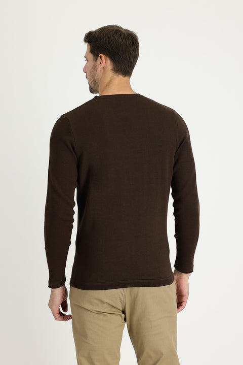 Dark Brown Crew Neck Slim Fit Narrow Cut Patterned Cotton Knit Sweater