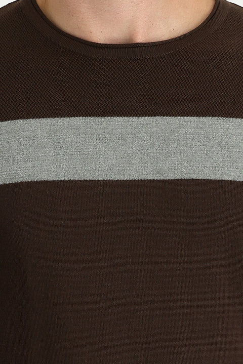 Dark Brown Crew Neck Slim Fit Narrow Cut Patterned Cotton Knit Sweater