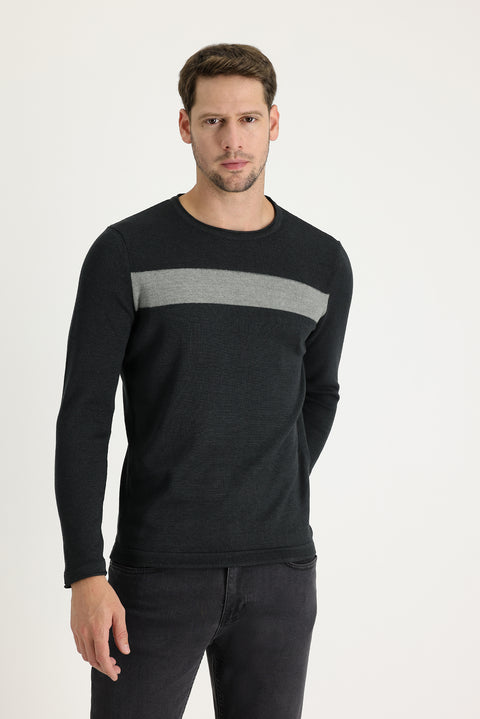 Dark Anthracite Melange Crew Neck Slim Fit Narrow Cut Patterned Knit Sweater