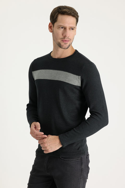 Dark Anthracite Melange Crew Neck Slim Fit Narrow Cut Patterned Knit Sweater