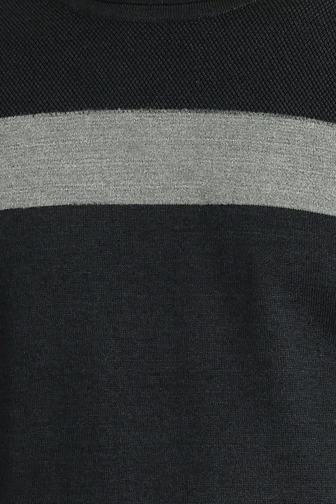 Dark Anthracite Melange Crew Neck Slim Fit Narrow Cut Patterned Knit Sweater