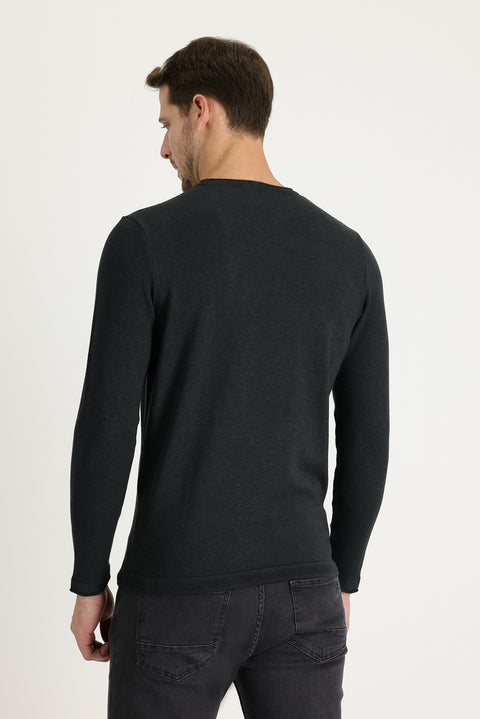 Dark Anthracite Melange Crew Neck Slim Fit Narrow Cut Patterned Knit Sweater