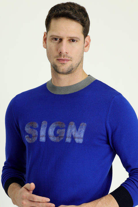 Light Navy Blue Crew Neck Slim Fit Narrow Cut Patterned Cotton Knit Sweater