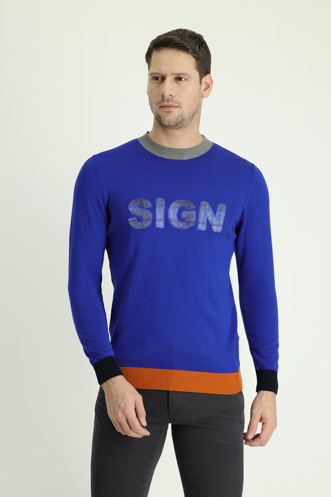 Light Navy Blue Crew Neck Slim Fit Narrow Cut Patterned Cotton Knit Sweater