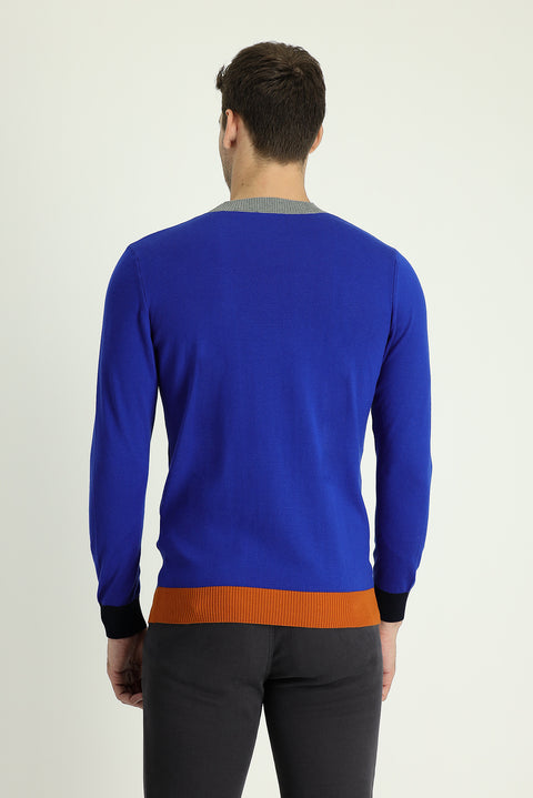 Light Navy Blue Crew Neck Slim Fit Narrow Cut Patterned Cotton Knit Sweater
