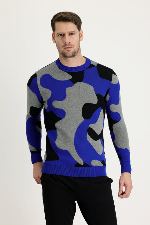 Light Navy Blue Crew Neck Slim Fit Narrow Cut Patterned Knit Sweater