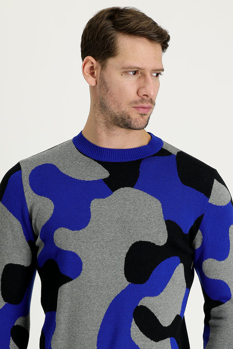 Light Navy Blue Crew Neck Slim Fit Narrow Cut Patterned Knit Sweater