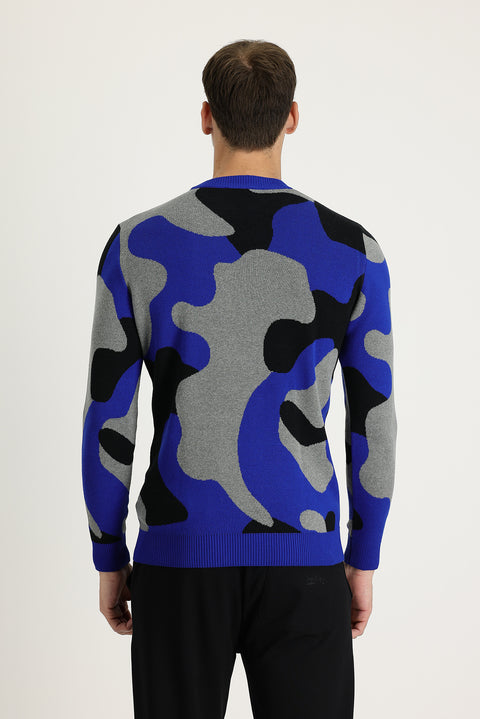 Light Navy Blue Crew Neck Slim Fit Narrow Cut Patterned Knit Sweater