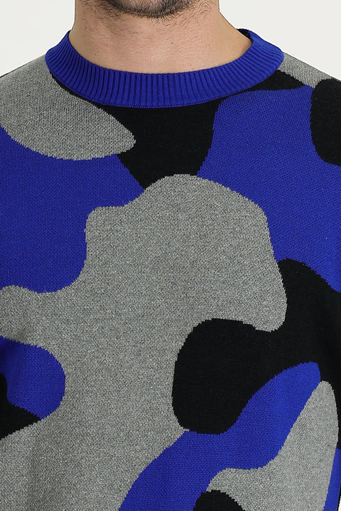 Light Navy Blue Crew Neck Slim Fit Narrow Cut Patterned Knit Sweater