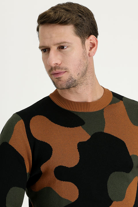 Cinnamon Crew Neck Slim Fit Narrow Cut Patterned Knit Sweater