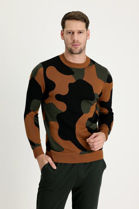 Cinnamon Crew Neck Slim Fit Narrow Cut Patterned Knit Sweater