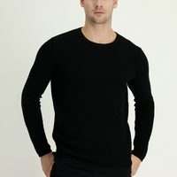 Black Crew Neck Slim Fit Narrow Cut Patterned Cotton Knit Sweater