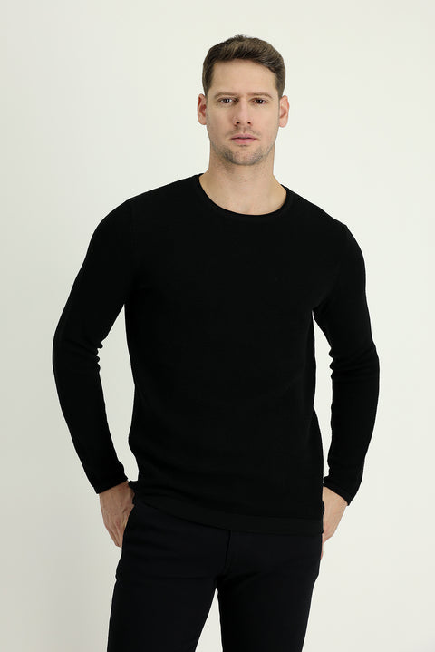 Black Crew Neck Slim Fit Narrow Cut Patterned Cotton Knit Sweater