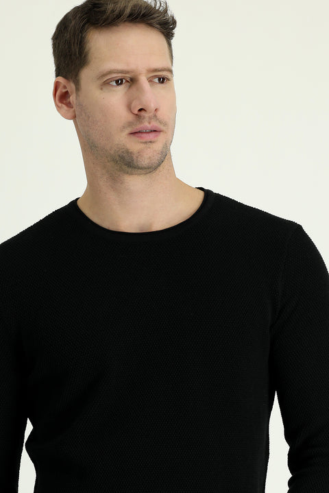 Black Crew Neck Slim Fit Narrow Cut Patterned Cotton Knit Sweater