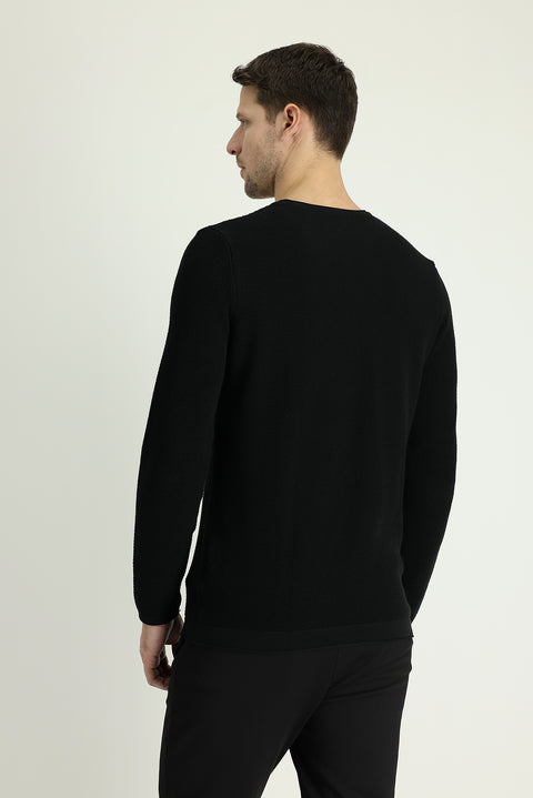 Black Crew Neck Slim Fit Narrow Cut Patterned Cotton Knit Sweater