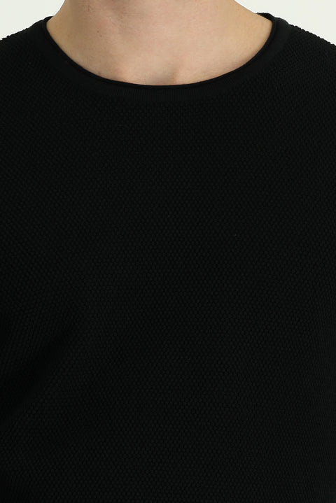 Black Crew Neck Slim Fit Narrow Cut Patterned Cotton Knit Sweater