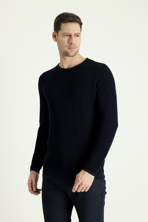 Dark Navy Crew Neck Slim Fit Narrow Cut Patterned Cotton Knit Sweater