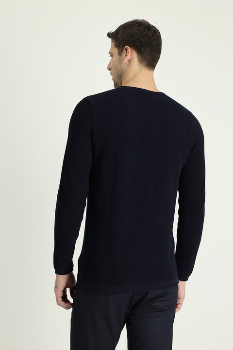 Dark Navy Crew Neck Slim Fit Narrow Cut Patterned Cotton Knit Sweater