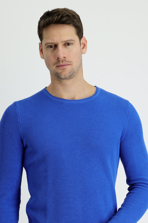 Aviator Blue Crew Neck Slim Fit Narrow Cut Patterned Cotton Knit Sweater