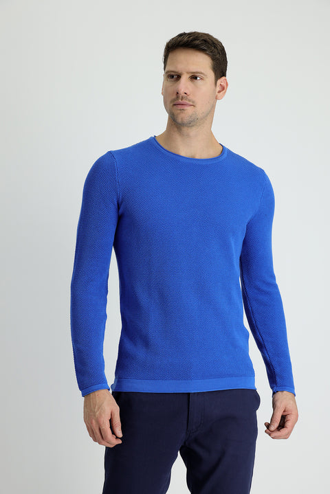 Aviator Blue Crew Neck Slim Fit Narrow Cut Patterned Cotton Knit Sweater
