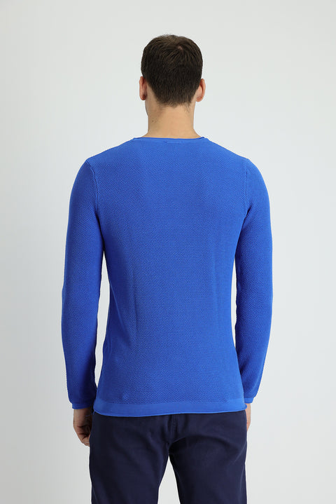 Aviator Blue Crew Neck Slim Fit Narrow Cut Patterned Cotton Knit Sweater