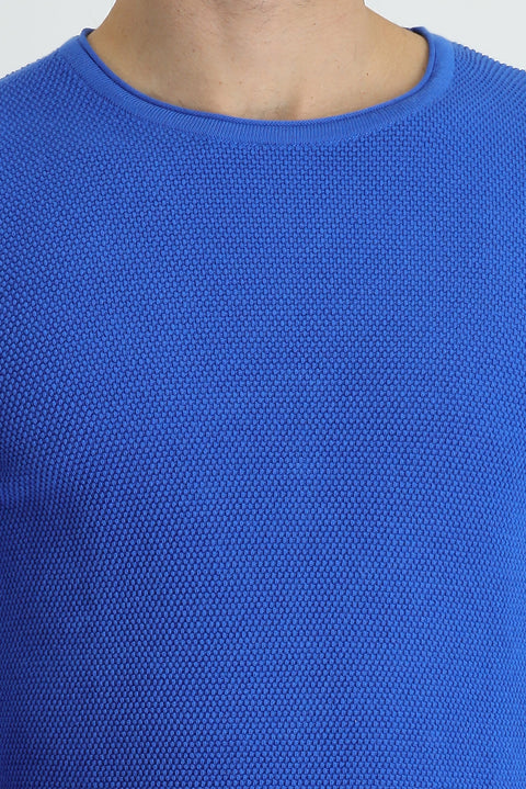 Aviator Blue Crew Neck Slim Fit Narrow Cut Patterned Cotton Knit Sweater