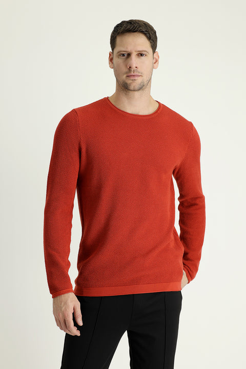 Medium Orange Crew Neck Slim Fit Narrow Cut Patterned Cotton Knit Sweater