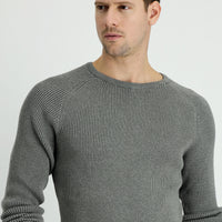 Medium Grey Melange Crew Neck Slim Fit Narrow Cut Patterned Knit Sweater