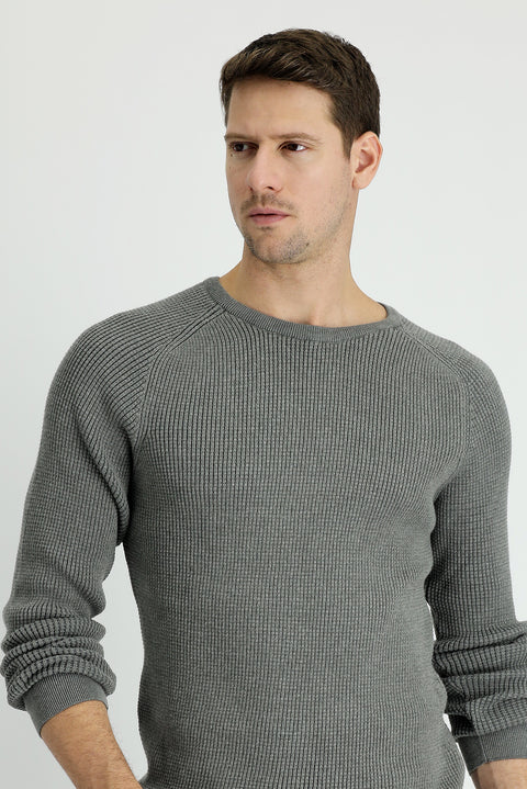 Medium Grey Melange Crew Neck Slim Fit Narrow Cut Patterned Knit Sweater