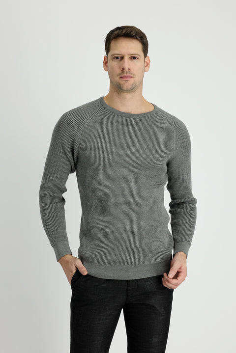 Medium Grey Melange Crew Neck Slim Fit Narrow Cut Patterned Knit Sweater