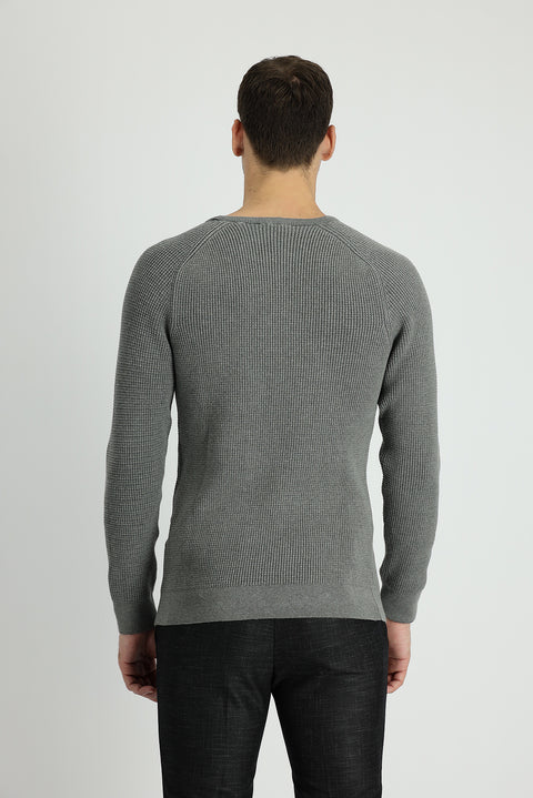 Medium Grey Melange Crew Neck Slim Fit Narrow Cut Patterned Knit Sweater