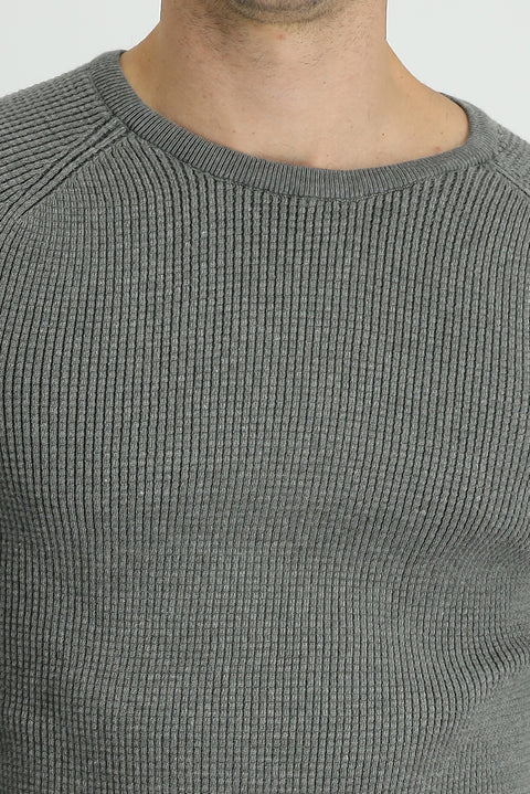 Medium Grey Melange Crew Neck Slim Fit Narrow Cut Patterned Knit Sweater