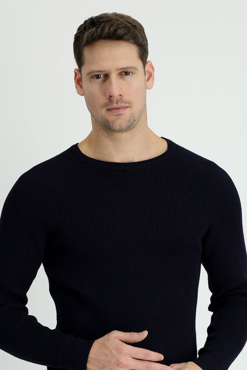 Dark Navy Crew Neck Slim Fit Narrow Cut Patterned Knit Sweater